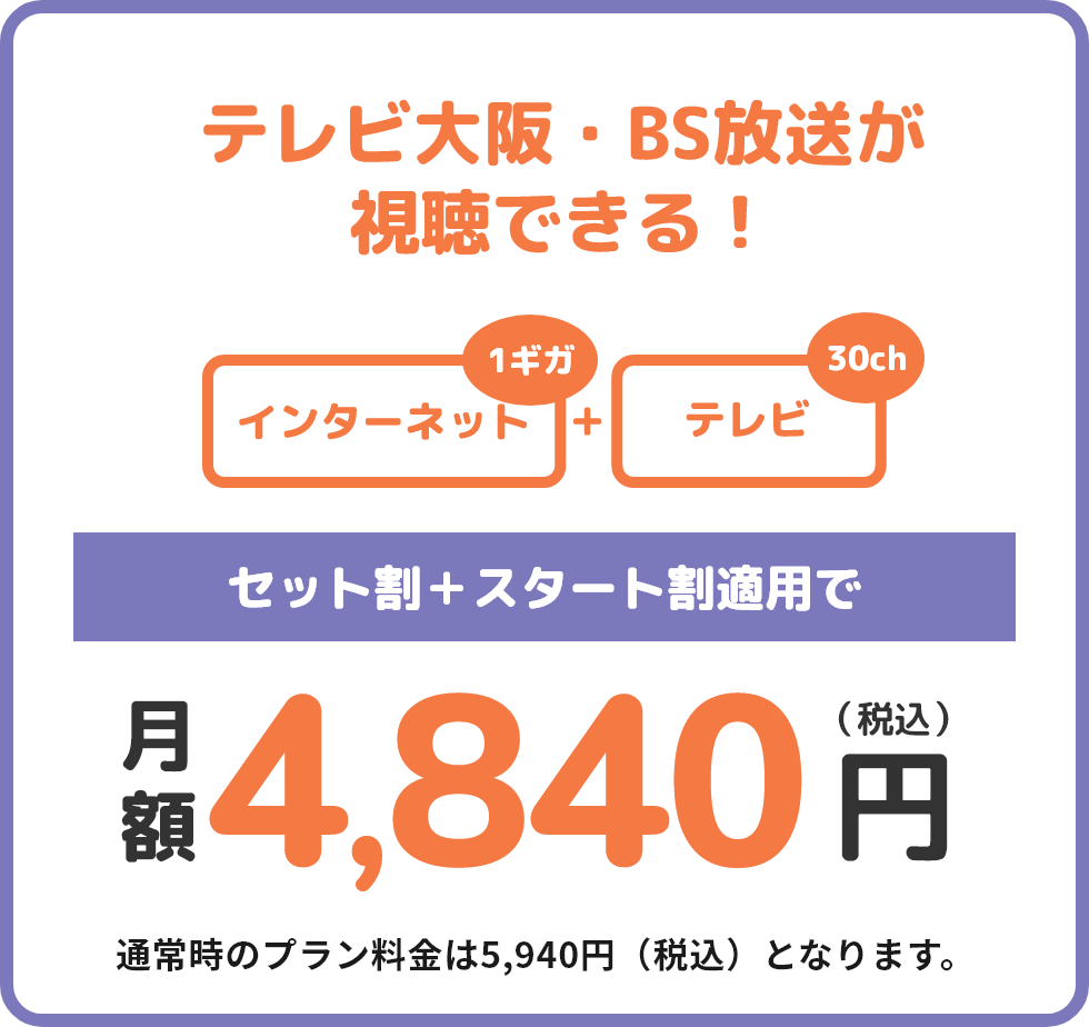 ネットもテレビ電話も！ すぐにBAN-BAN光でまとめたい方へ インターネット+テレビ(26ch)+電話 セット割+スタート割適用で月額5,830円(税込) 通常時のプラン料金は6,930円(税込)となります。