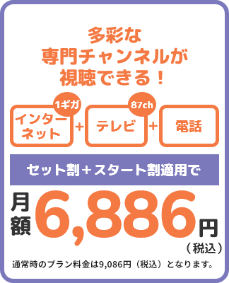 多彩な専門チャンネルが視聴できる！ BAN-BANのサービスを満喫したい方へ インターネット+テレビ(81ch)+電話 セット割+スタート割適用で月額6,710円(税込) 通常時のプラン料金は8,910円(税込)となります。